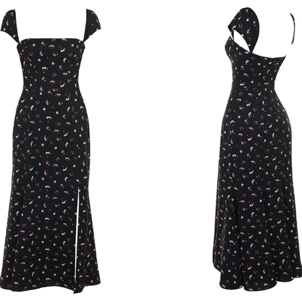 HOUSE OF CB 'Jaqueta' Black Floral Midi Dress NWOT - Picture 3 of 5